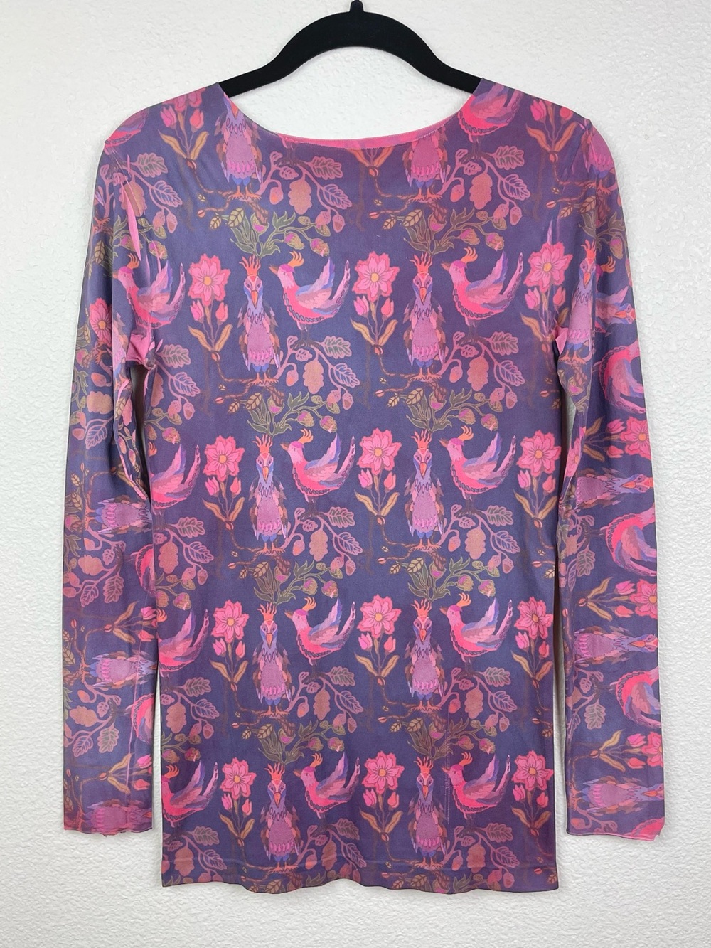 AMB Women's One Size Raw Hem Second Skin Long Sleeve Top Peacock Floral Print